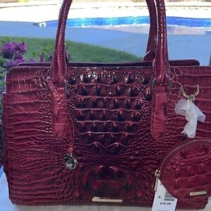 Brahmin Red Satchel with Crocodile Texture and Glossy Finish